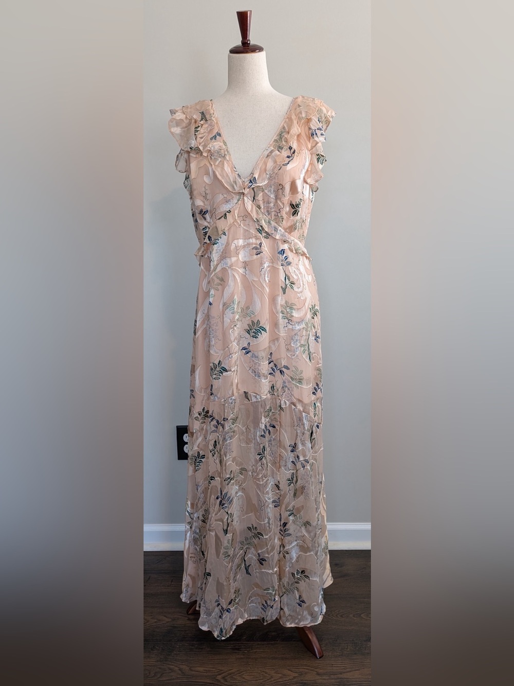 REISS Almerea Botanical Burnout Maxi Dress Silk V-Neck Open Back Size 10 Apricot